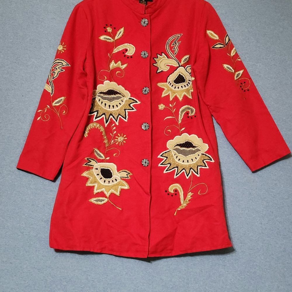 Vibrant Red and Gold Floral Trench Coat